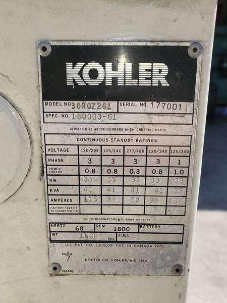 Low hours Kohler 30ROZ261 Diesel Generator