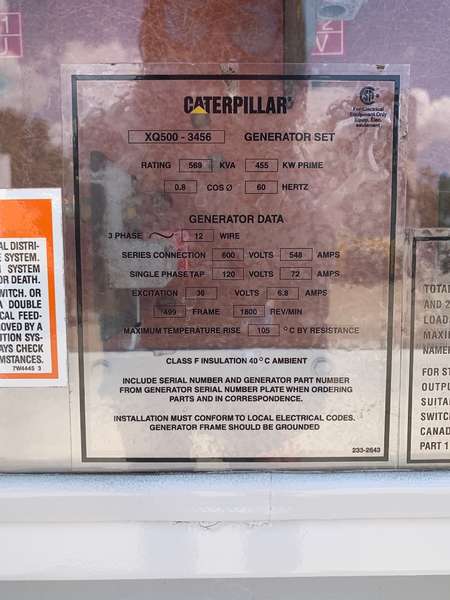 Low Hour Caterpillar XQ500-3456 Diesel Generator