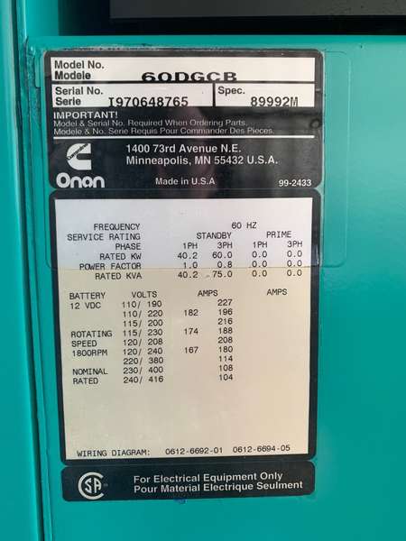 Low Hours Cummins 60DGCB Diesel Generator