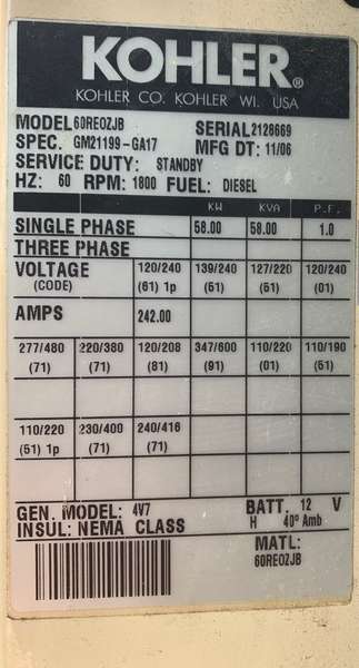 Used Kohler 60REOZJB Diesel Generator