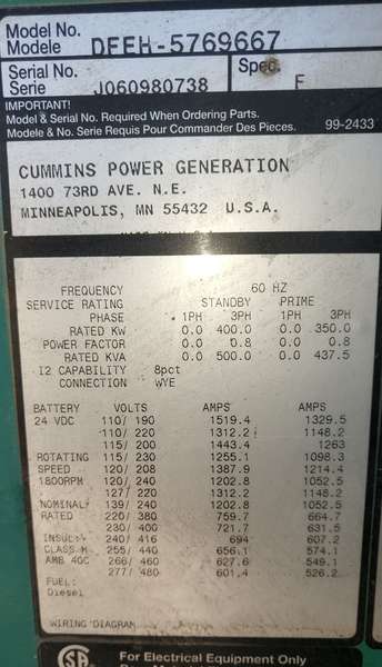 Used Cummins 400kW Diesel Generator