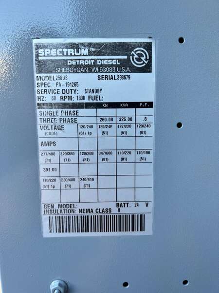 Used Kohler/Spectrum 250DS Diesel Generator