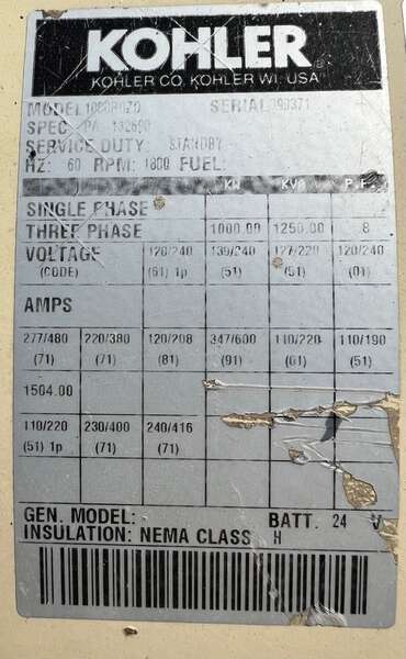 Low hours Kohler 1000kW Diesel Generator