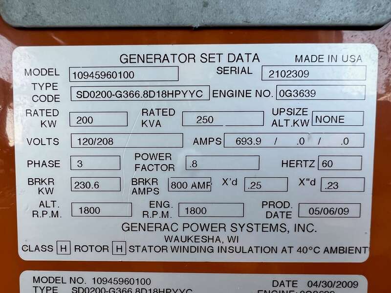 Low Hours Generac SD200 Diesel Generator