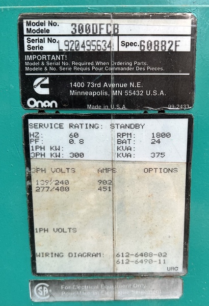 Used Onan 300DFCB Diesel Generator