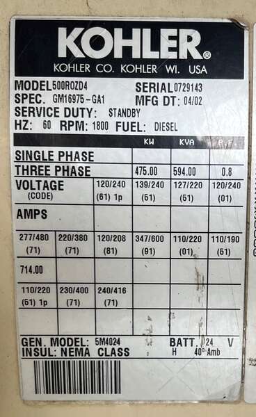 Low Hours Kohler 500kW Diesel Generator