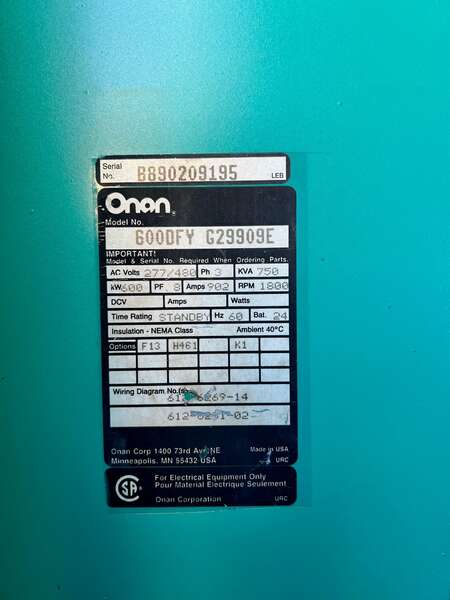 Low hours Cummins Onan 600DFY Diesel Generator