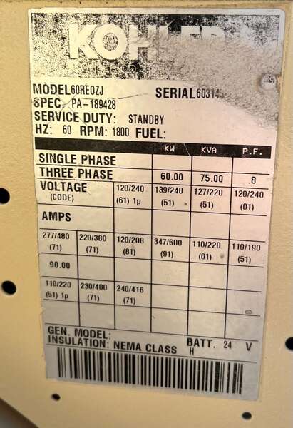 Low hours Kohler 60kW Diesel Generator