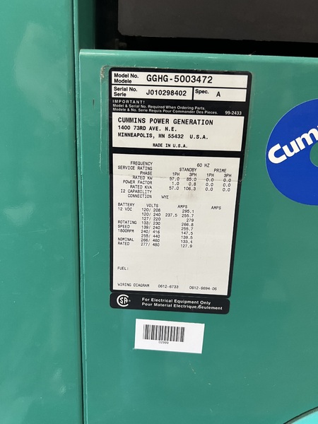 Low hours Cummins G85 Gas Generator