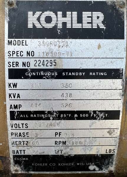 Low hours Kohler 350kW Diesel Generator