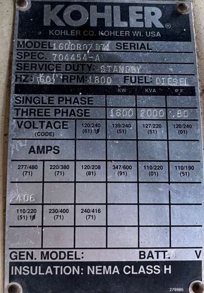 Used Kohler 1600ROZD71 Diesel Generator