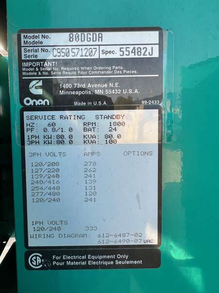 Low Hour Cummins 80DGDA Diesel Generator