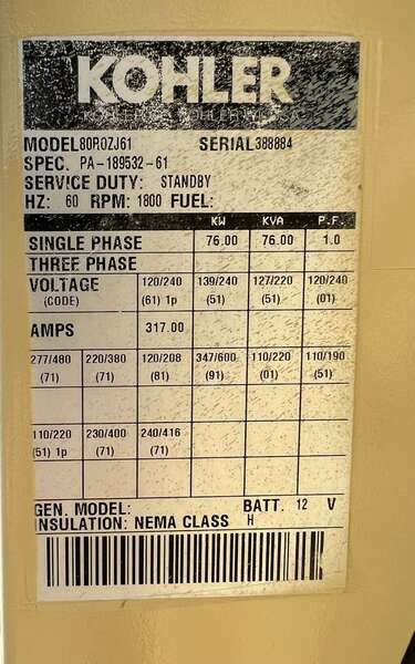 Used Kohler 80ROZJ61 Diesel Generator