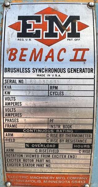 Used Bemac II 175kW Generator End