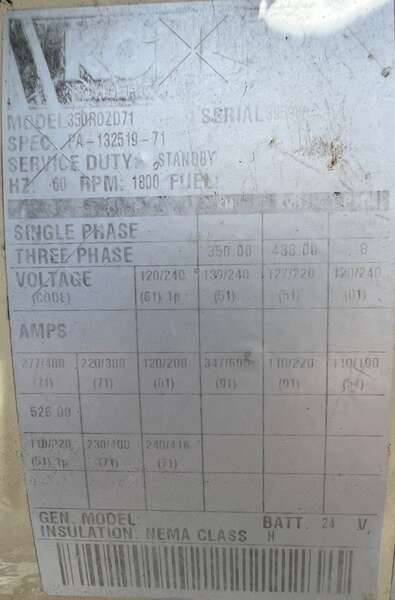 Low hours Kohler 350kW Generator End