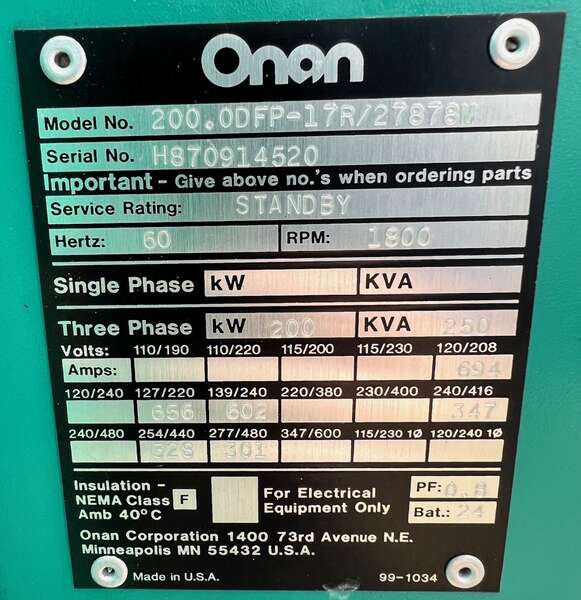 Used Onan 200kW Generator End
