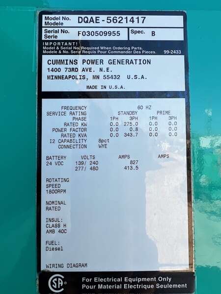 Used Cummins 275kW Diesel Generator