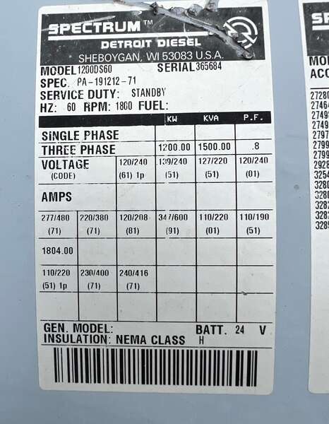 Used Kohler/Spectrum 1200kW Diesel Generator