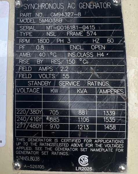 New Surplus Kohler 750kW Gas Generator