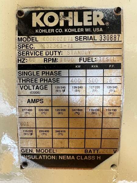 Used Kohler 400ROZD71 Diesel Generator