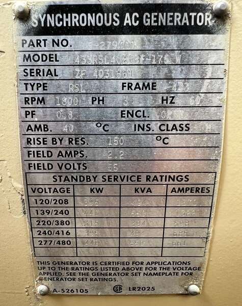 Used Kohler 400ROZD71 Diesel Generator