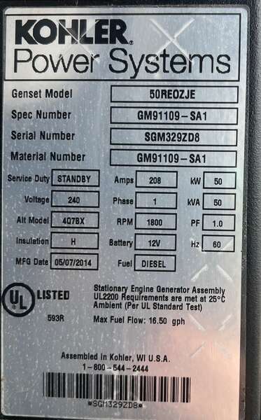 Used Kohler 50REOZJE Diesel Generator