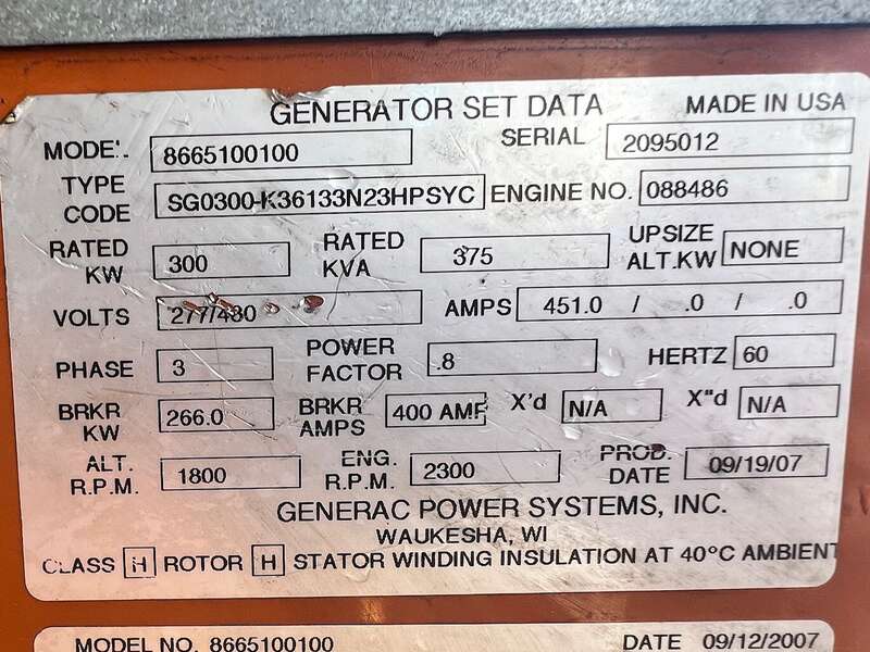 Used Generac SG300 Gas Generator 300 2095012