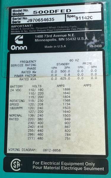 Used Cummins Onan 500DFED Diesel Generator