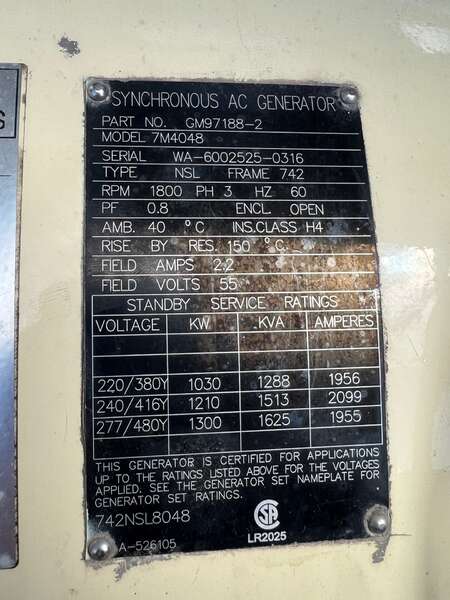 New Surplus Kohler 1000kW Gas Generator