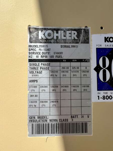 Used Kohler 250ROZD Diesel Generator