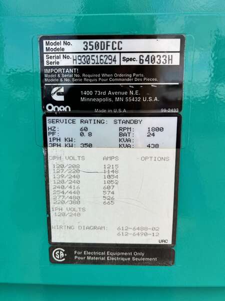 Used Cummins 350DFCC Diesel Generator