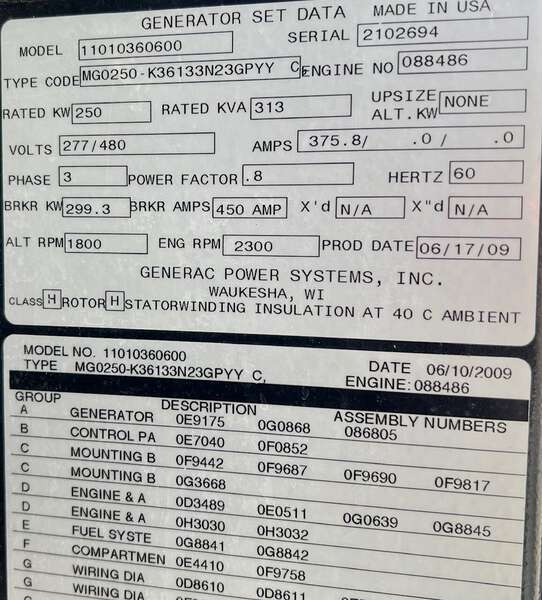 Used Generac MG250 Gas Generator