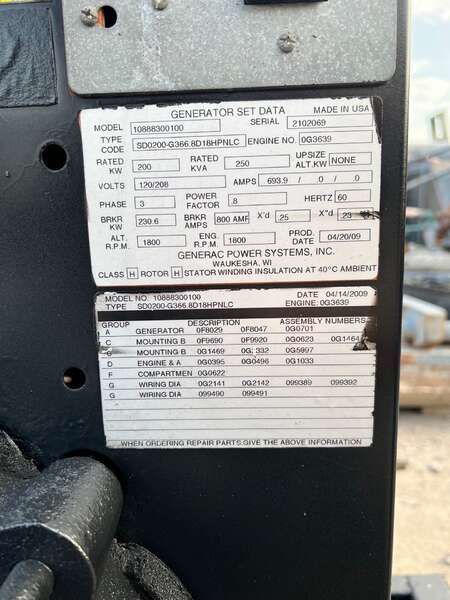 Used Generac SD200 Diesel Generator
