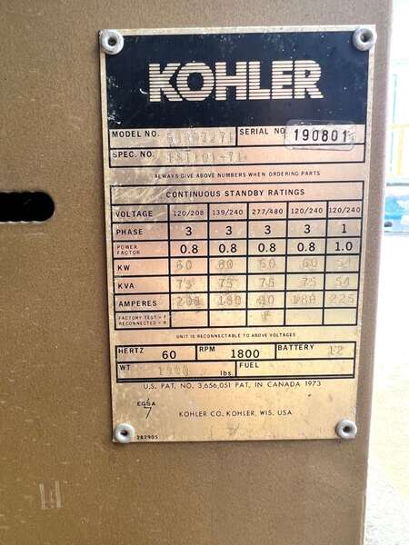 Used Kohler 60kW Diesel Generator