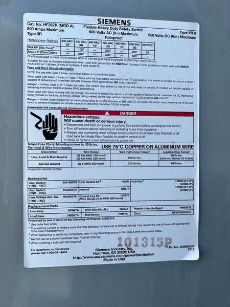 Used Siemens 800amp Disconnect 