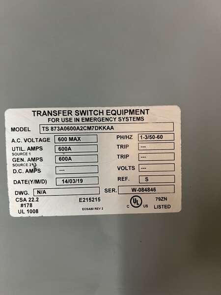 Used Marathon Thomson Power Manual 600amp 480V Automatic Transfer Switch