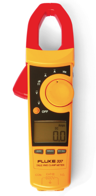 A digital clamp-on ammeter showing zero reading.