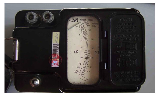 A megohmmeter displaying a measuring scale and the analog needle 